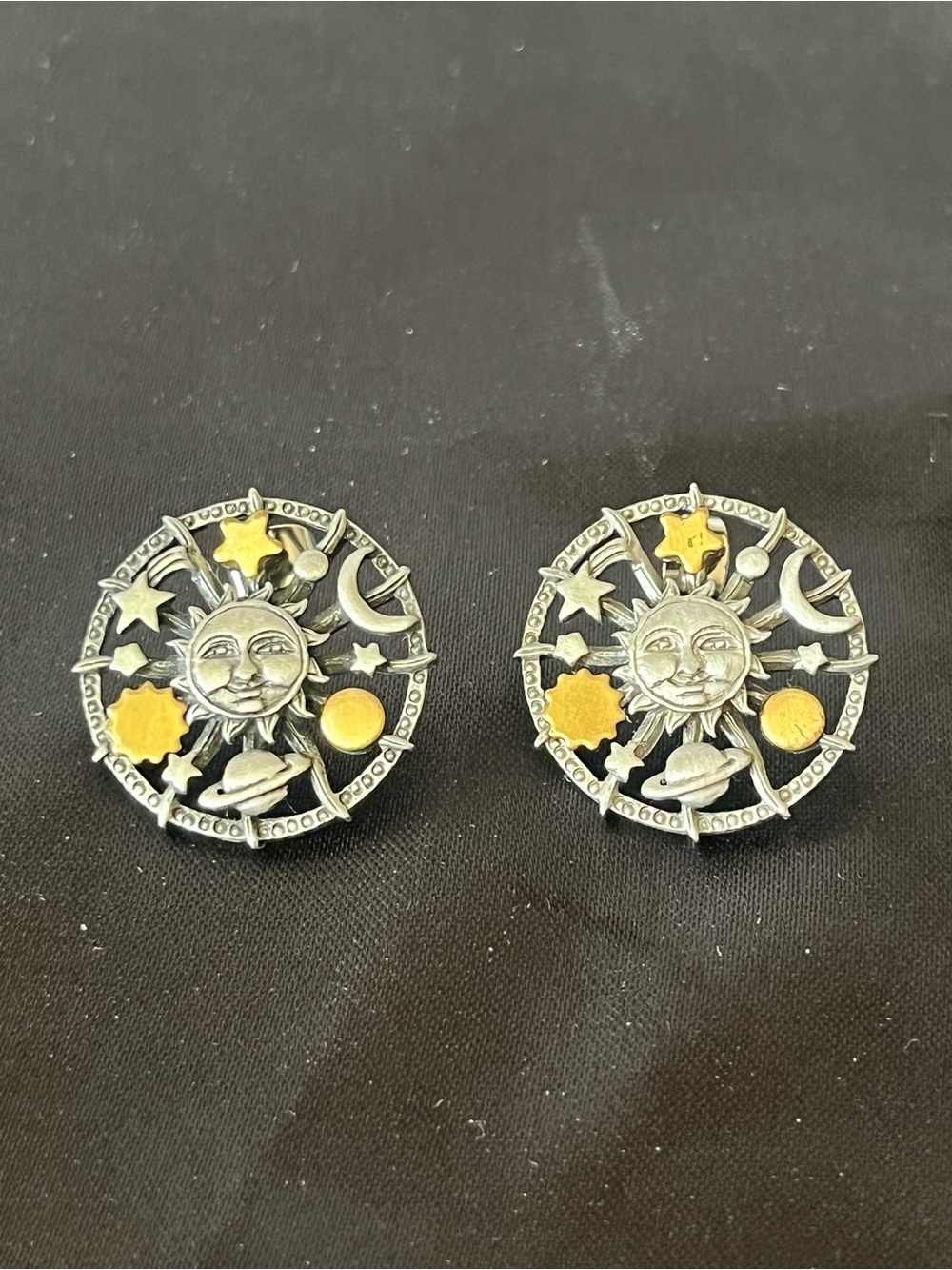 Vtg JJ Jonette Signed Sun Moon Stars Round Pewter Gold Tone Pierced Earrings